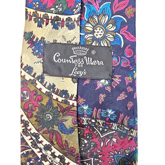 Countess Mara Levys Vintage Silk Tie Floral Paisley Print Red Navy Men Accessory - Picture 5 of 9